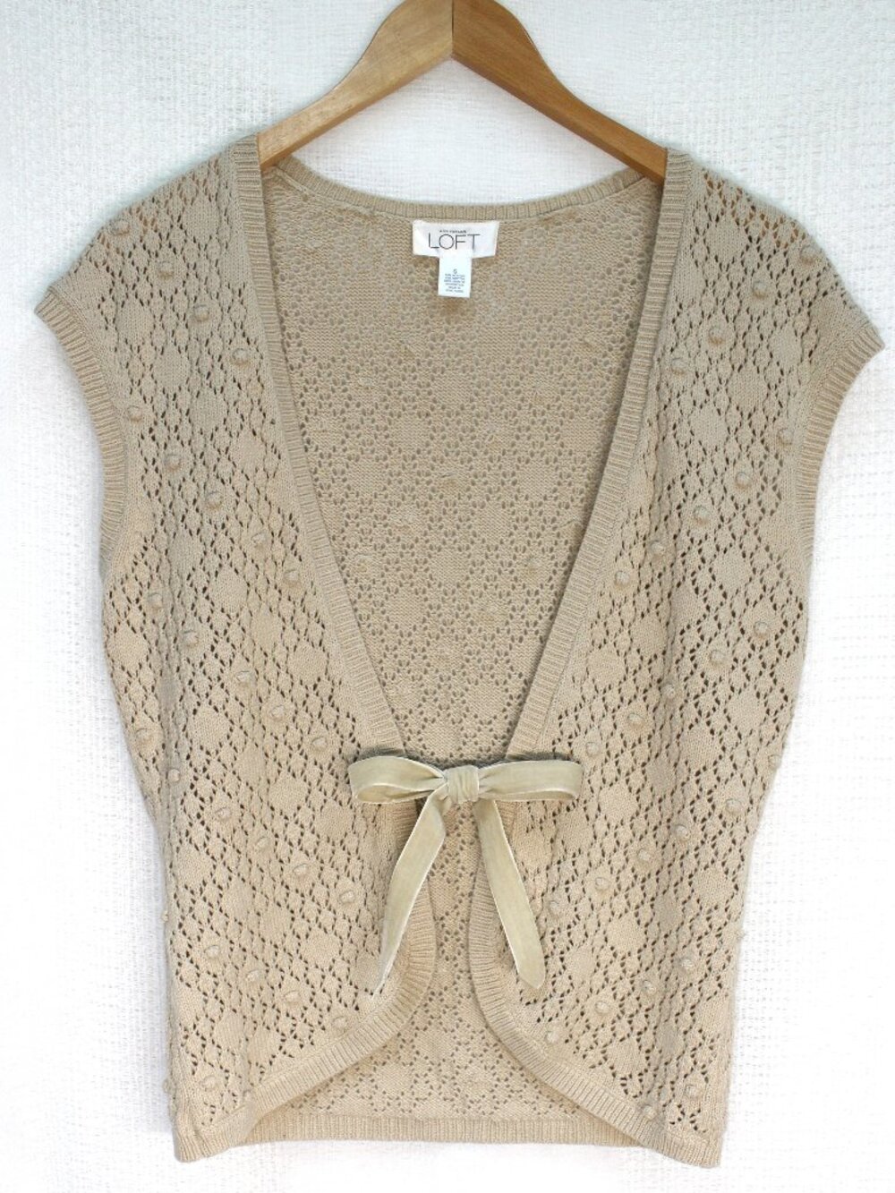 Ann Taylor Loft Coquette Balletcore Cream Knit Tie Front Cardigan Vest Size S